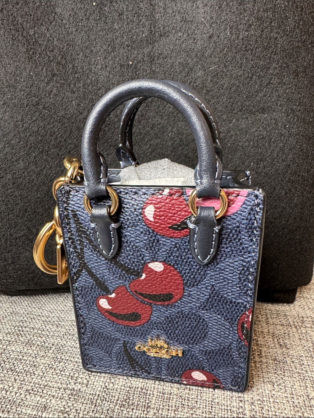 Coach Navy Mini Tote with Pink & Red Cherry Print - Picture 4 of 5